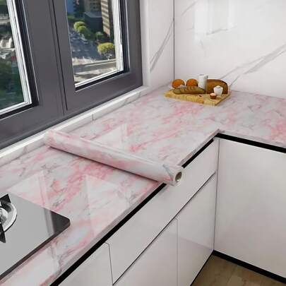 Papel de Parede Romântico em Mármore Rosa, Adesivo Autocolante para Revestimento de Cozinha - Impermeável e Resistente a Óleo, Ideal para Peitoris de Janelas, Armários, Bancadas e Móveis! Película de Vinil Removível com Estampa de Granito, Fácil de Limpar e Instalar.