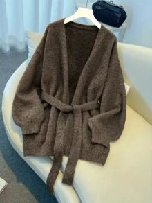 女士优雅休闲针织开衫，宽松休闲风格，时尚简约通勤毛衣夹克，系腰上衣外套，优雅复古风，女士街头服饰 - 咖啡棕 - 查看 6