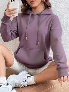Sudadera con Capucha para Mujeres - Sudadera Básica y Confortable, Estilo Casual y Deportivo, Ajuste Holgado, Bolsillo Tipo Canguro, Prenda Ideal para Otoño-Invierno y Uso Diario. - morado claro - Ver 1