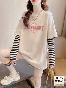 二合一条纹棉质长袖T恤，宽松版型，字母印花，时尚 - 白色 - 查看 1