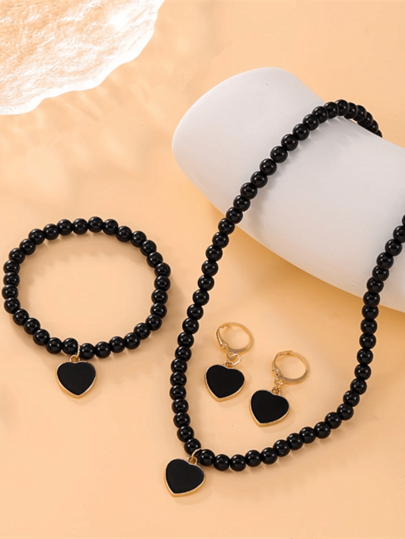 4pcs Women Jewelry Set: Resin Heart Pendant Necklace, Bracelet, Earrings - Alloy Heart Charm Bohemian Style Accessories For Daily Wear And Festivals