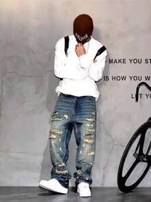 Vintage American Streetwear Style Distressed Patch Loose Fit Wide Leg Jeans, Relaxed Straight Cut Denim Pants For Men - 中等水洗藍 - 查看 3