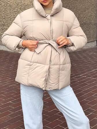 Women Puffer Jacket Mid Length Belted Winter Water Repellent Wind-Resistant Ladies Classic Quilted Padded Coat Big Pocket