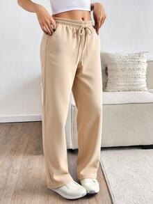 Pantalones de mujer, pantalones de cinturón elástico de cuerda, bolsillos, adecuados para el ocio en casa, viajes fuera - Albaricoque - Ver 3