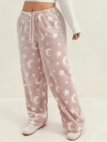 大码女式秋冬法兰绒加厚星月图案抽绳阔腿睡裤，适合外穿、运动、休闲、居家穿着，蓬松舒适 - 藕粉色 - 查看 3