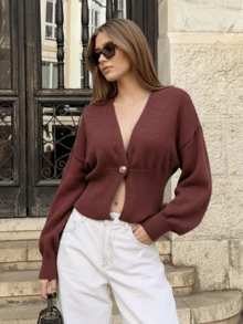 Burgundy Deep V Neck Knit Cardigan For Women, Button Front Fitted Cropped Knit Top Casual Street Style Sweater - Coffee Brown - View 2