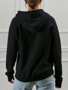 Suéter de capucha suelta para mujeres - suéter de estilo universitario de ocio, diseño de bolsa delantera, adecuado para primavera, verano y otoño, suéter lavado a máquina, se puede combinar con ropa diaria y actividades al aire libre, estilo de moda callejera, tela transpirable, material suave, amantes de la moda - Negro - Ver 2