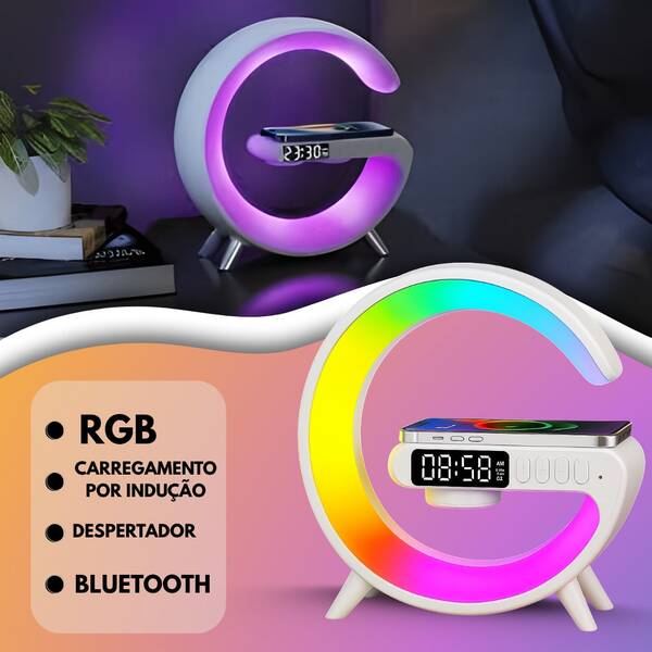 Luminária de LED Inteligente Rgb Som Carregador Indução Luminária de Mesa Quarto Cama para Meditação G BlueTooth Carrega Sem Fio Cor Branco e Preto