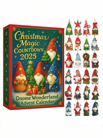 2025 年侏儒仙境降临节日历、2025 年侏儒降临节日历、圣诞魔法侏儒仙境降临节日历（含 24 个侏儒）、可收藏的圣诞人物侏儒装饰品（1 件）