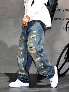 Vintage American Streetwear Style Distressed Patch Loose Fit Wide Leg Jeans, Relaxed Straight Cut Denim Pants For Men - 中等水洗藍 - 查看 6