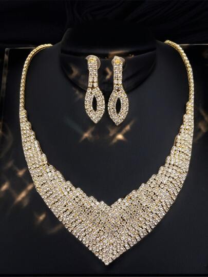 1 Paio di orecchini + 1 set di gioielli da collo, design geometrico scintillante con strass, decorazione per feste serali di lusso
