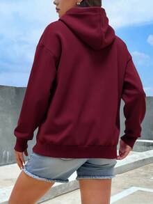 Sudadera con Capucha para Mujeres - Sudadera Básica y Confortable, Estilo Casual y Deportivo, Ajuste Holgado, Bolsillo Tipo Canguro, Prenda Ideal para Otoño-Invierno y Uso Diario. - Borgoña 1 - Ver 2