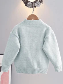 Young Girl' Floral Knitted Sweater, Thick & Warm Round Neck Pullover Top, Autumn/Winter - Blue - View 2