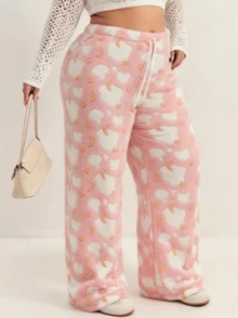 Plus Size Women's Autumn/Winter Flannel Thick Cloud Pattern Drawstring Waist Wide Leg Pants, Suitable For Outerwear, Sportswear, Casual, Loungewear - Coral Pink - View 4