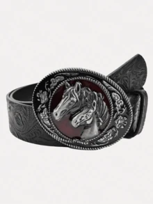1pc Boho Metal Horse Head Buckle Printed Skinny Belt, Suitable For Jeans, Dresses, Casual, Party, Music Festival, Street Style