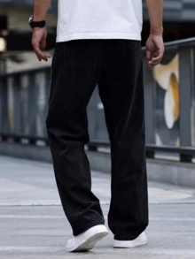 1件 Justice Brother 休闲街头风韩版修身水洗黑色直筒牛仔裤，百搭宽松版型，大码男款，四季皆宜