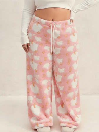 Plusstorlekar dambyxor i flanell med tjockt molnmönster och dragsko i midjan, lämpliga för ytterkläder, sportkläder, vardagskläder, loungekläder