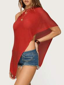 Women's Sheer Ponchos Off Shoulder Short Sleeve Solid Color T-Shirts Asymmetrical Knit Tops - 紅色 - 查看 2