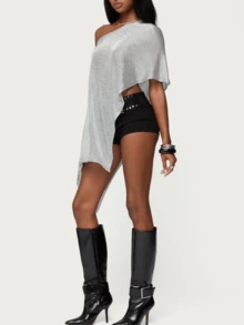 Women's Sheer Ponchos Off Shoulder Short Sleeve Solid Color T-Shirts Asymmetrical Knit Tops - 銀色 - 查看 4
