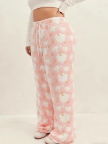 Plus Size Women's Autumn/Winter Flannel Thick Cloud Pattern Drawstring Waist Wide Leg Pants, Suitable For Outerwear, Sportswear, Casual, Loungewear - Coral Pink - View 3