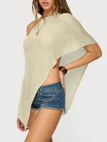 Women's Sheer Ponchos Off Shoulder Short Sleeve Solid Color T-Shirts Asymmetrical Knit Tops - 淡黃色 - 查看 3