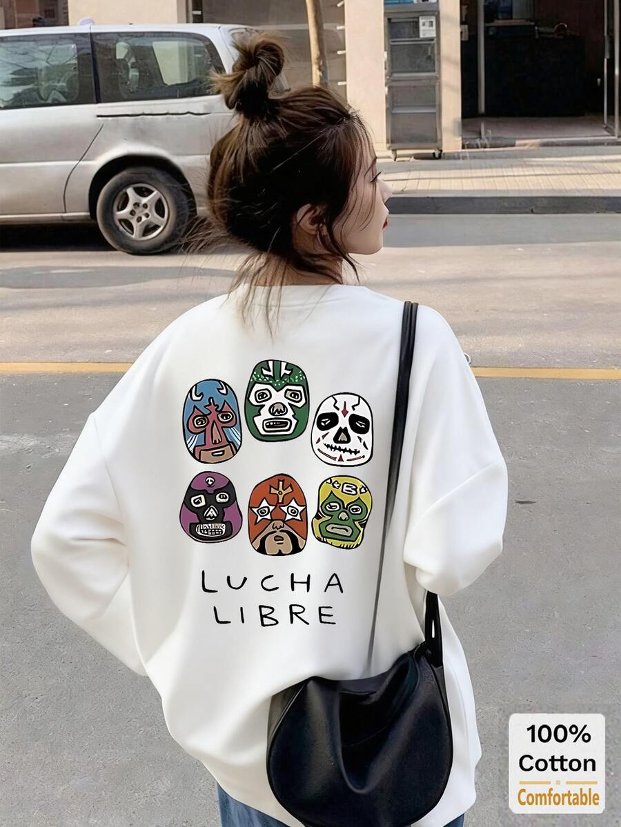 女士棉质长袖T恤，宽松中长款套头衫，带有川剧脸谱印花，时尚黑色休闲上衣，适合秋冬 - 白色 - 查看 1