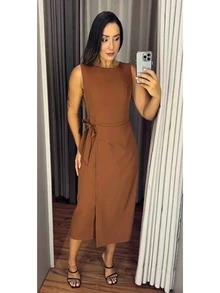 Women's Dress With Side Tie Tailoring, Tank Top Midi With Elegant PMG - Rỉ Nâu - Xem 2