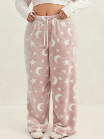 Plusstorlekar Dam Höst/Vinter Flanell Tjockt Stjärn- & Månmönster Dragsko Midja Vida Ben Sovbyxor, Lämplig För Ytterkläder, Sportkläder, Vardagskläder, Mysbyxor, Fluffig Mysig