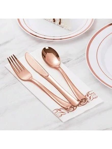 150pcs Rose Gold Cutlery Set, 50pcs Spoons, 50pcs Forks, 50pcs Knives, Washable And Reusable, Suitable For Gatherings, Festivals, Birthdays, Parties, Kitchen And Dining, Weddings, Team Building, Outdoor Activities, Home Parties, Cakes, Salads, Etc. - Rose Gold - View 3
