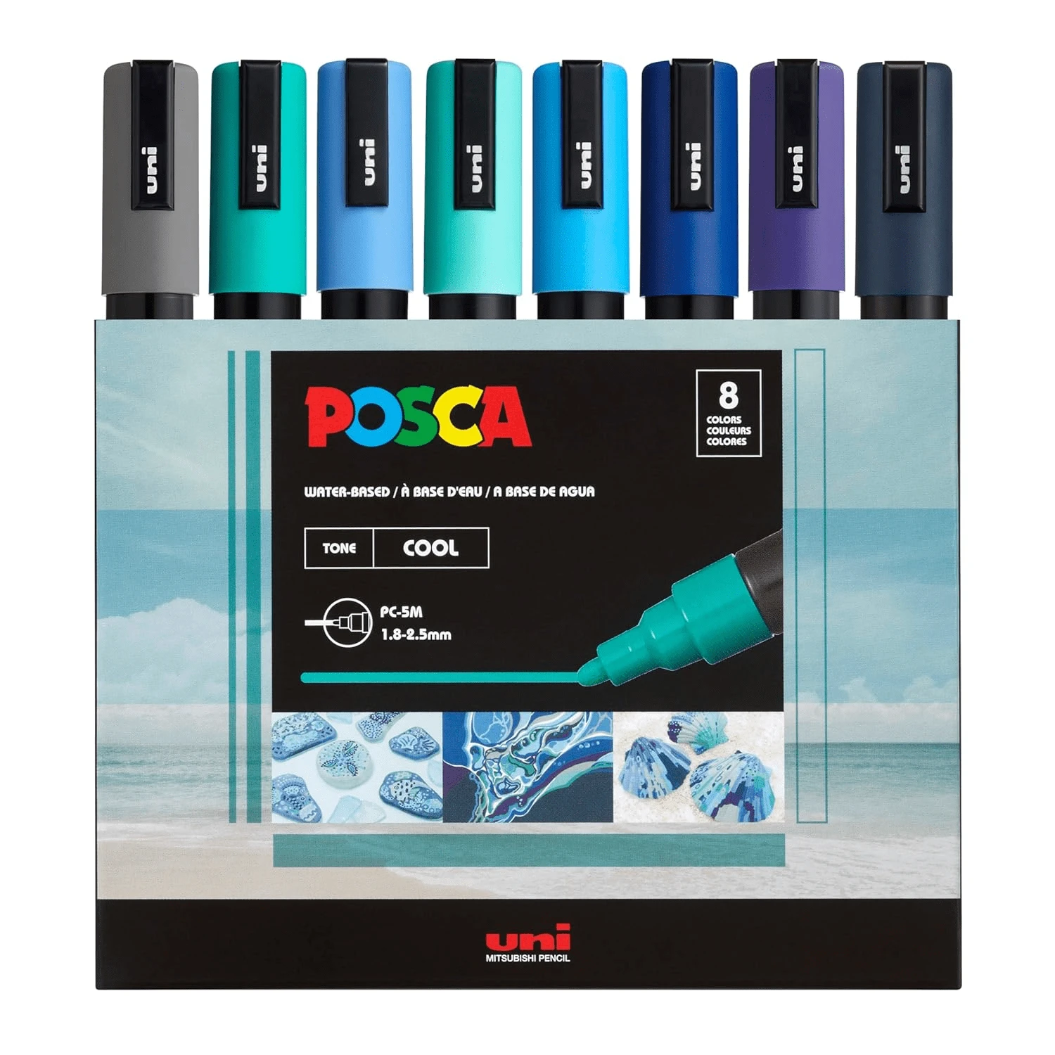 Juego de rotuladores P O S C A, 8 rotuladores de pintura medianos 5M – Tonos fríos – Gris, verde esmeralda, azul cielo, verde aguamarina, azul claro, azul - Multicolor - Ver 1