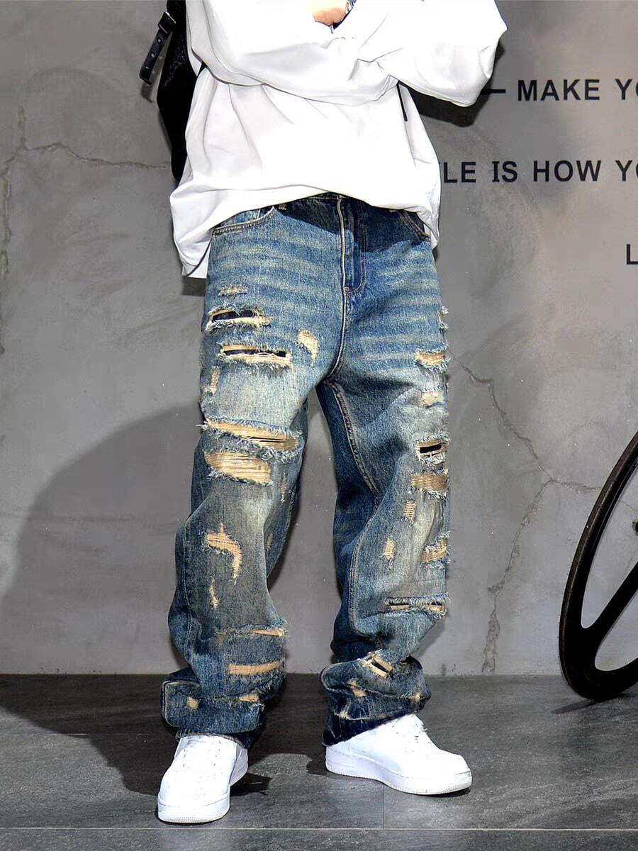 Vintage American Streetwear Style Distressed Patch Loose Fit Wide Leg Jeans, Relaxed Straight Cut Denim Pants For Men - 中等水洗藍 - 查看 1