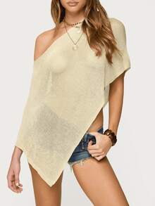 Women's Sheer Ponchos Off Shoulder Short Sleeve Solid Color T-Shirts Asymmetrical Knit Tops - 淡黃色 - 查看 2