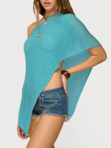 Women's Sheer Ponchos Off Shoulder Short Sleeve Solid Color T-Shirts Asymmetrical Knit Tops - 藍色 - 查看 2