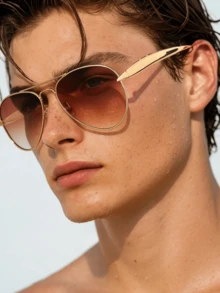 1pc Large Frame Double Beam Metal Fashion Glasses Toad Glasses Advanced Retro Personalized Versatile Men And Women's Fashion Glasses Suitable For Daily Wear Street Photography Vacation Travel Summer Beach Accessories - 金框漸層茶 - 查看 2