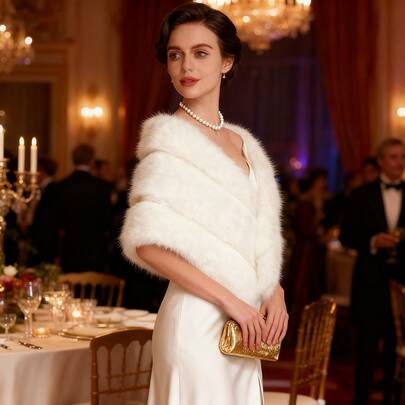 复古奢华白色人造毛皮披肩，高端婚纱和晚礼服外套，优雅温暖的珍珠披肩