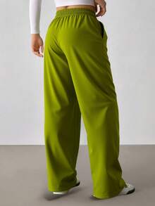 Pantalones largos de cuerda elástica elegantes de color sólido para mujeres - tejidos sólidos suaves, ligeros y cómodos, pantalones necesarios para el armario de primavera y otoño e invierno - Verde Oliva - Ver 2