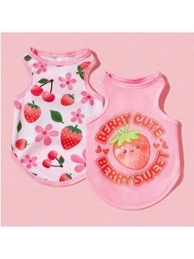 Set de 2 piezas Chaleco transpirable con estampado de fresa lindo para mascotas, adecuado para gatos y perros - Rosa - Ver 11
