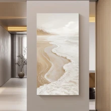 1 pictură modernă pe perete, superb Art Deco bej, imprimare abstractă pe pânză - design Wabi-Sabi cu valuri, imprimare abstractă cu peisaj de pe țărmul mării, pictură murală pentru intrarea pe hol - artă murală cu scenă de plajă, înrămată sau neînrămată, decor cameră, Ecor, decor modern pentru apartamente din căminul universitar, cadouri pentru decorarea pereților în hotel, casă, living, dormitor, baie și birou