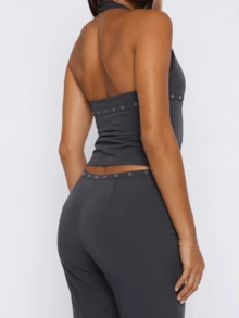 Women Halter Top, Sleeveless Tops Backless Hollowed Slim Summer Vest For Club Party - 灰色 - 查看 5