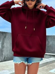 Sudadera con Capucha para Mujeres - Sudadera Básica y Confortable, Estilo Casual y Deportivo, Ajuste Holgado, Bolsillo Tipo Canguro, Prenda Ideal para Otoño-Invierno y Uso Diario. - Burdeos - Ver 3