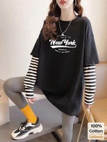 条纹长袖T恤，二合一设计，宽松版型，字母印花，时尚 - 黑色 - 查看 1