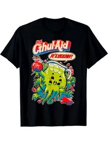 Camiseta gráfica para hombres "Cthulhu Aid" - 100% algodón, ajuste casual, manga corta, cuello redondo - diseño vibrante de Cthulhu estilo anime con letras en negrita, tela no elástica - perfecta para todas las estaciones - Negro - Ver 7