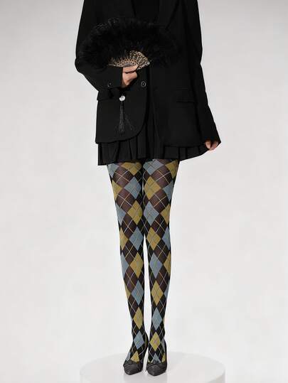 Plaid Floral Striped Blue & Green Velvet Tights, Diamond Pattern Nylon Cartoon Plaid Tights, High Stretch Breathable Comfortable Slimming Yoga Tights For Women, Cozy