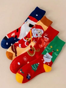 1 paire/5 paires/10 paires/15 paires/20 paires Chaussettes de costume de fête de Noël édition limitée aléatoire avec Père Noël, renne, flocon de neige, sapin de Noël. Chaussettes mode mignonnes et amusantes pour hommes, femmes, enfants. Chaussettes mi-mollet douces, confortables et chaudes pour l'école, la fête, la décoration de la maison - Multicolore - Voir 3
