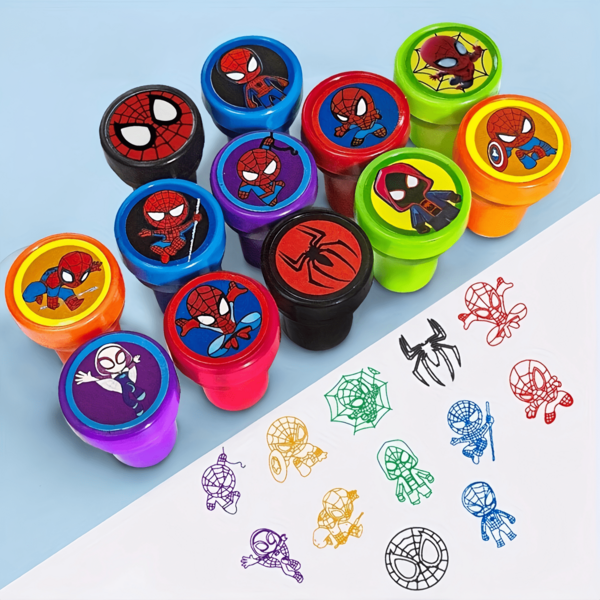 Marvel 12pcs Marvel Spider-Man Theme Stamp Set Cartoon Characters Spider-Man Stamps Teen School Supplies Stationery Anime Reward Gift Back-To-School