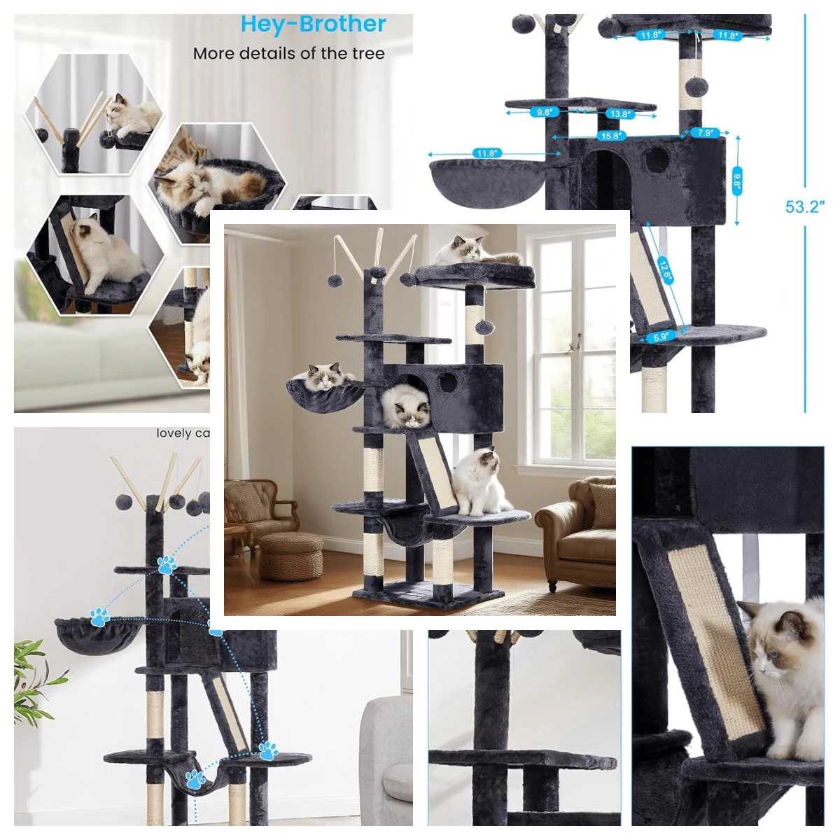 Hey-Brother Cat Tree, 53 Inch Cat Tower For Indoor Cats, Cat House With Padded Platform Bed, Toy Balls, Large Cozy Condo, Hammocks And Sisal Scratching Posts, Smoky Gray MPJ019-SG - 煙灰色 - 查看 1