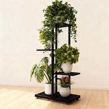 4 Tier Plant Stand -With Wheels  Practical And Durable Plant Stand - Indoor And Outdoor Metal 4 Tier 5 Basin Multi-Pot Planter Rack Shelf Flower Pot Display Rack, You Can Use This Plant Stand To Display Plants, Flowers And So On, It's Very Sturdy And Durable. Grid Layout, Even Load Bearing, Not Easy To Deform, Suitable For Courtyard Garden Corner Balcony Living Room - màu đen - Xem 5
