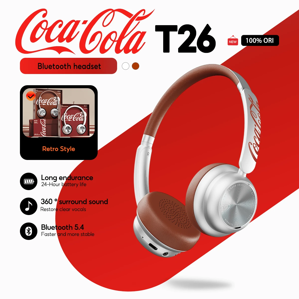 Tai nghe không dây Bluetooth 5.4 T26 Retro, tích hợp micro. - Một cỡ - Xem 1