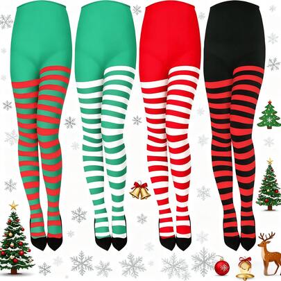 Women's Christmas Thermal Lined Knee Socks, Thigh High Socks, Cute Fuzzy Socks With Bow Pom Pom Opaque Striped Over Knee Stockings, Warm Floor Socks For Fall & Winter, Women's Socks For Daily Wear (Random Color Assortment)