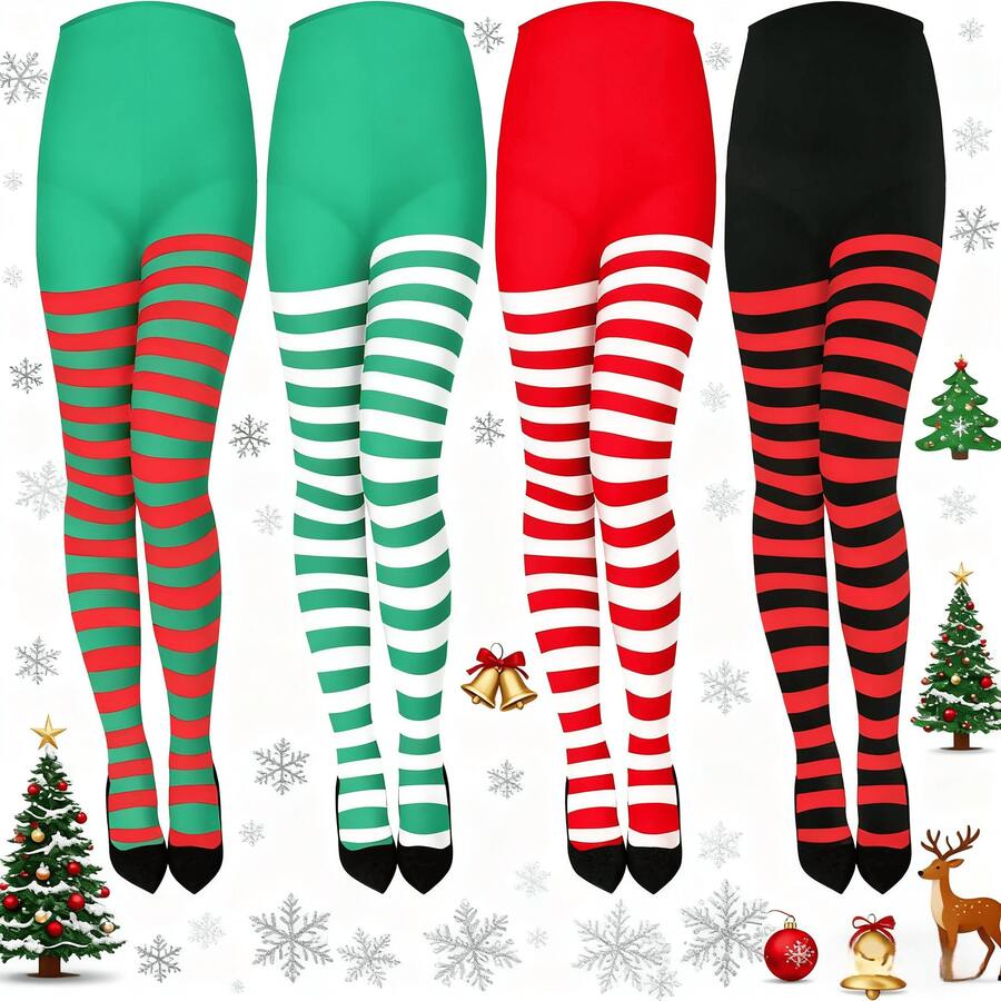 女士圣诞保暖加厚过膝袜，及膝长袜，可爱毛绒绒带蝴蝶结绒球不透明条纹过膝长袜，秋冬季保暖地板袜，女士日常穿着袜（颜色随机） - 彩色 - 查看 1